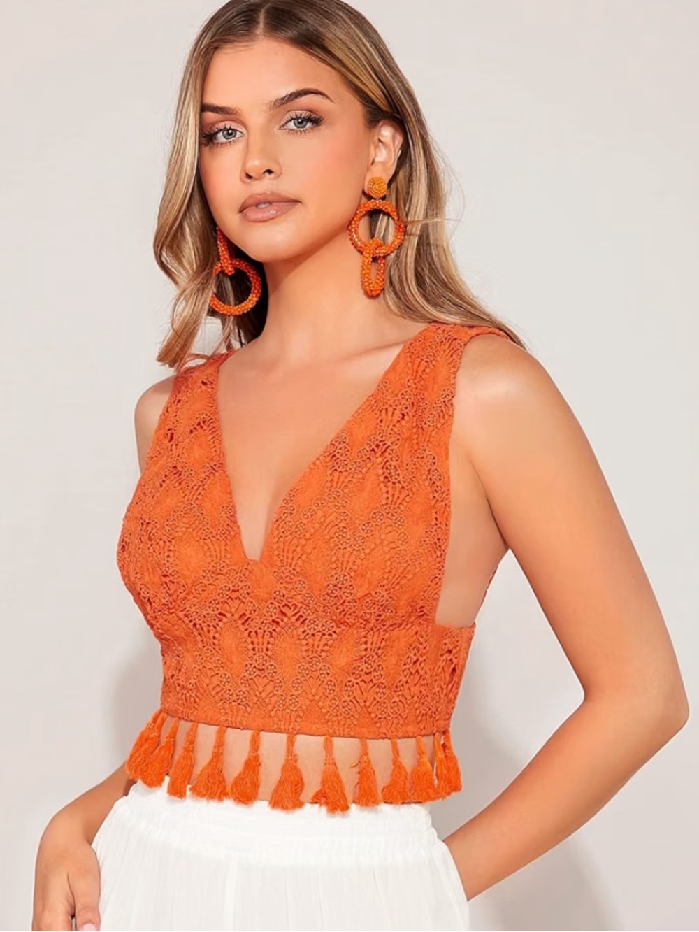 AMAZON Orange Crochet Guipure Fringe Tassled Crop Top L NWOT